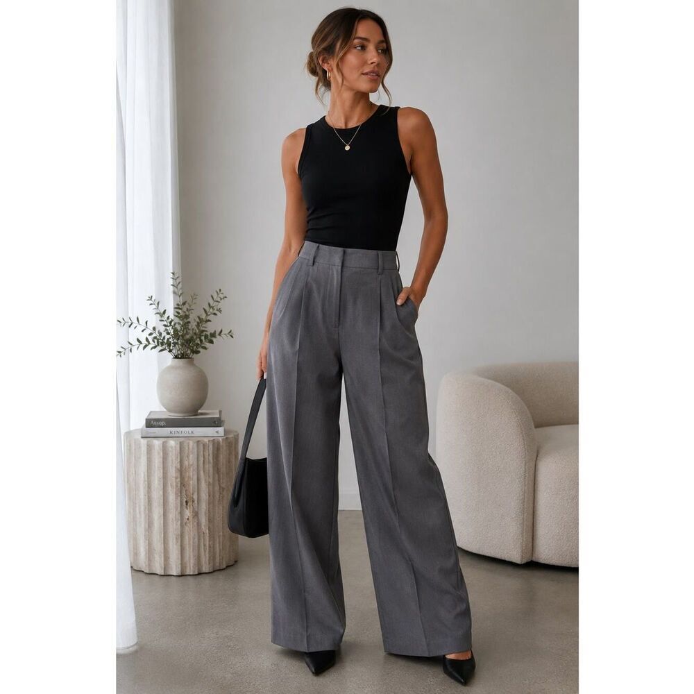 Lioness Mulholland Wide Leg Trousers XXL Slate High Rise Relaxed Tailored Pants